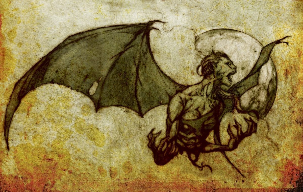 Artist's illustration of a manananggal, a winged, self-severing creature of Philippine folklore, its upper torso detached and taking flight