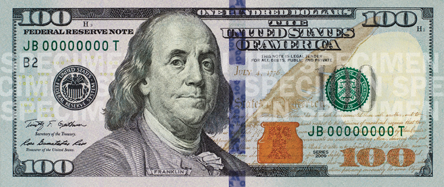 The front of a U.S. one-hundred-dollar Federal Reserve note showing the portrait of Benjamin Franklin
