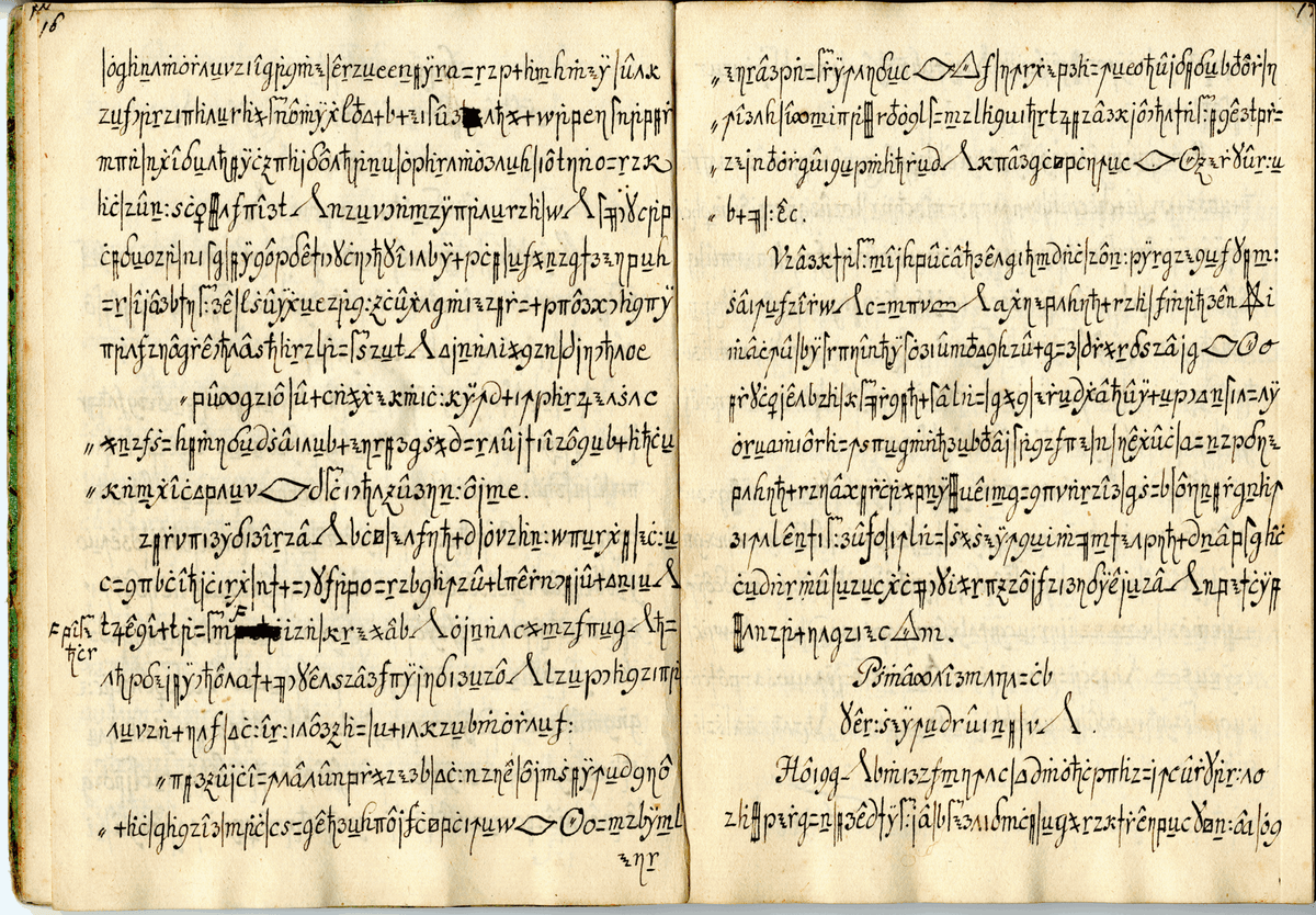 A page from the Copiale cipher manuscript, densely filled with rows of abstract symbols interspersed with Roman and Greek letters written in ink.