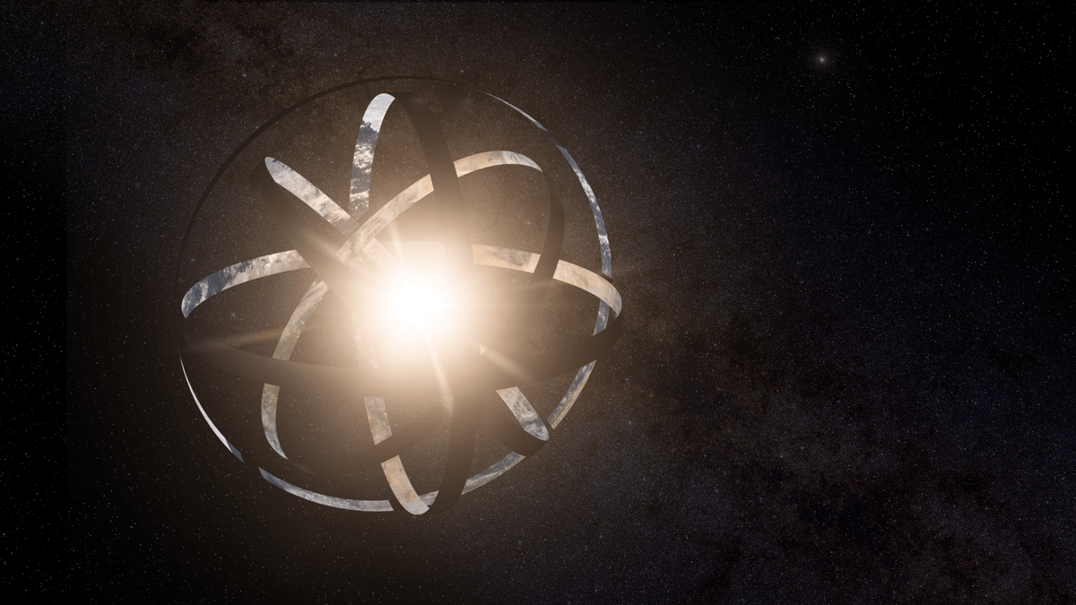 Digital rendering of a star partially enclosed by a vast curved artificial structure, glowing against the darkness of space