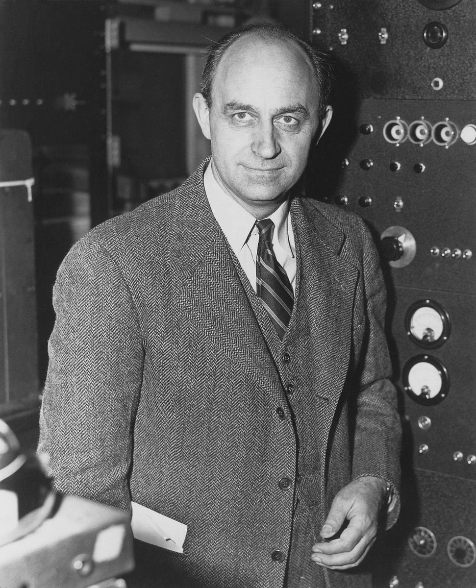 Black-and-white Los Alamos security badge portrait of physicist Enrico Fermi