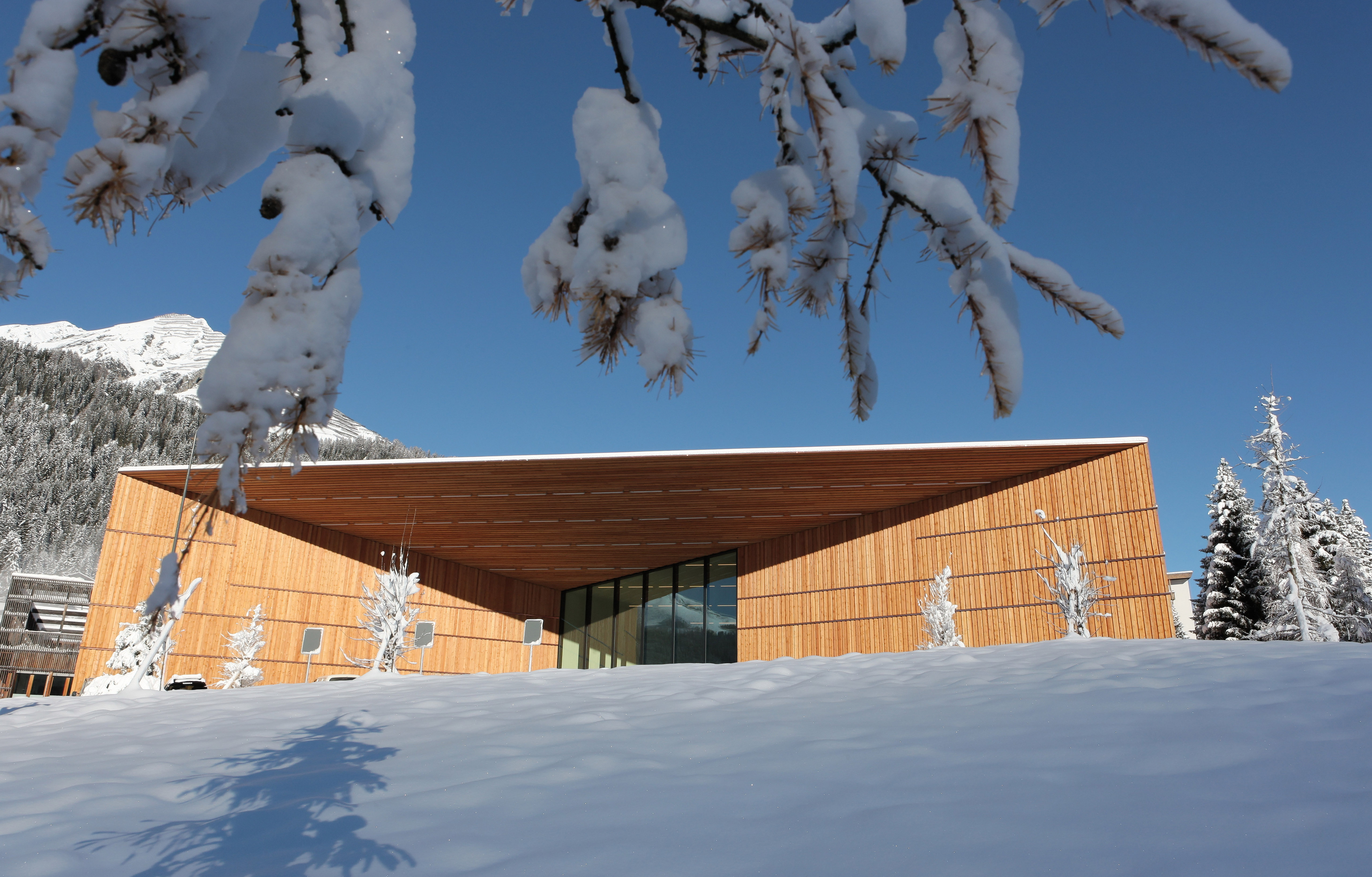 The main entrance of the Davos Congress Centre, venue of the World Economic Forum annual meeting in Davos, Switzerland