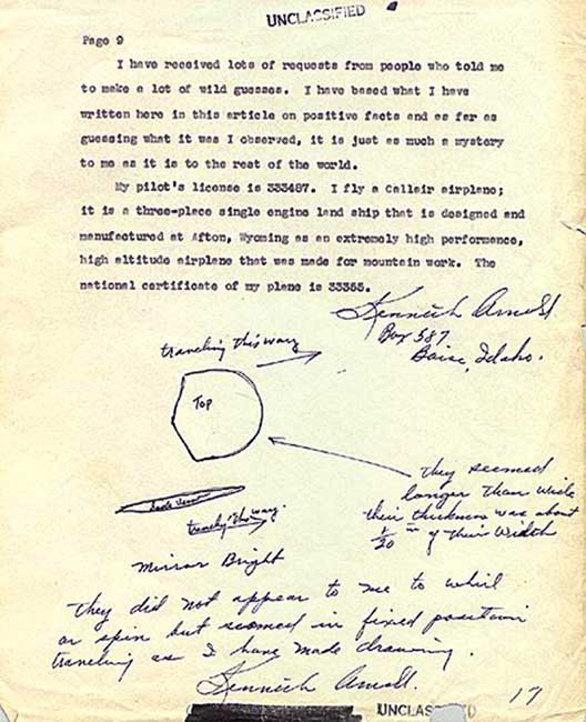 Kenneth Arnold's 1947 hand drawing of the crescent or heel-shaped objects he reported seeing near Mount Rainier.