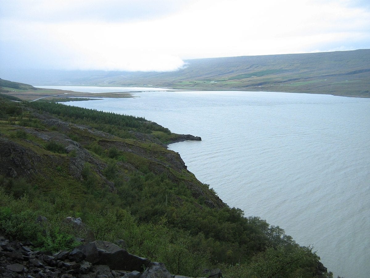 The long, narrow glacial lake Lagarfljót near Egilsstaðir in eastern Iceland, its silty water stretching between low hills under an overcast sky