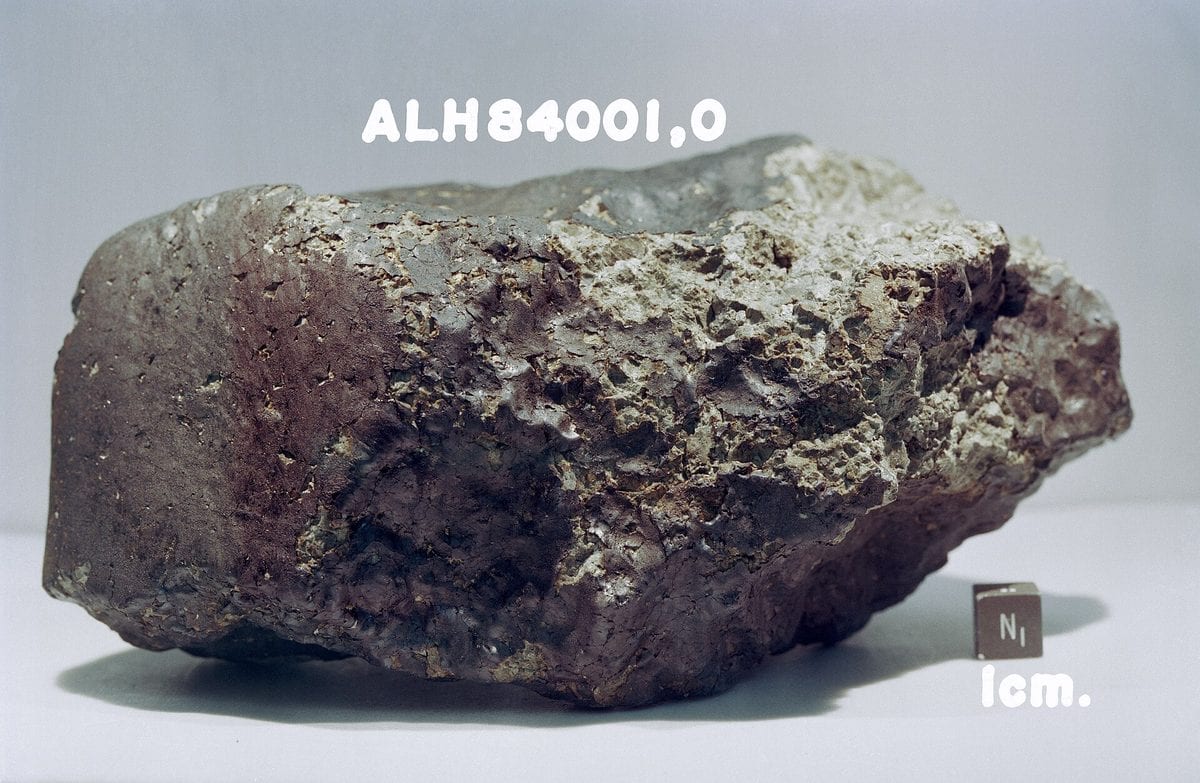 Photograph of the dark, rounded Martian meteorite ALH84001, most of its surface covered by a dull fusion crust, shown against a black background with a scale cube.