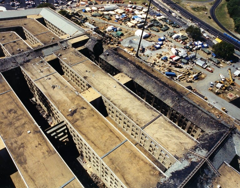 An FBI overhead photograph of the Pentagon showing the collapsed section of the building's western face after the 11 September 2001 attack.