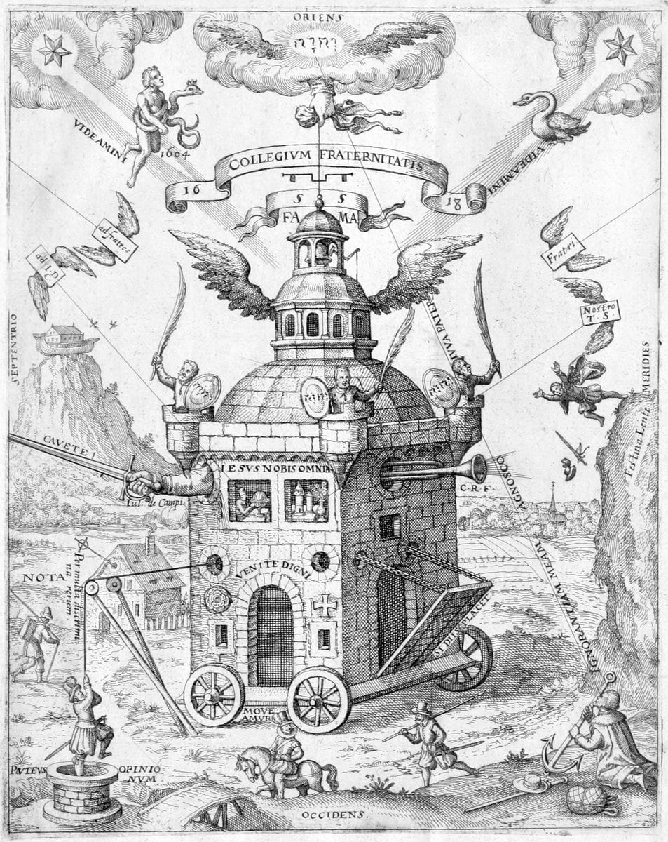 Allegorical 1618 engraving showing a winged, wheeled temple of the Rose Cross surrounded by Latin inscriptions and Rosicrucian emblems