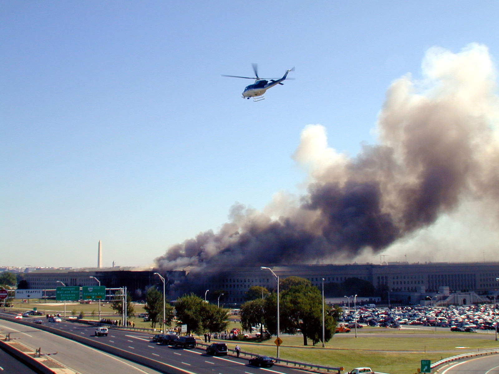 Smoke pouring from the damaged southwest side of the Pentagon on September 11, 2001, after a hijacked airliner struck the building