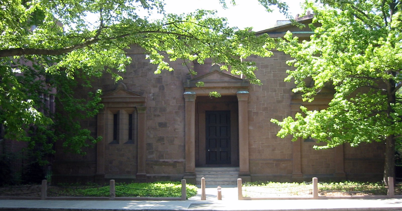 The windowless brownstone clubhouse of Yale's Skull and Bones society, known as the Tomb, on High Street in New Haven