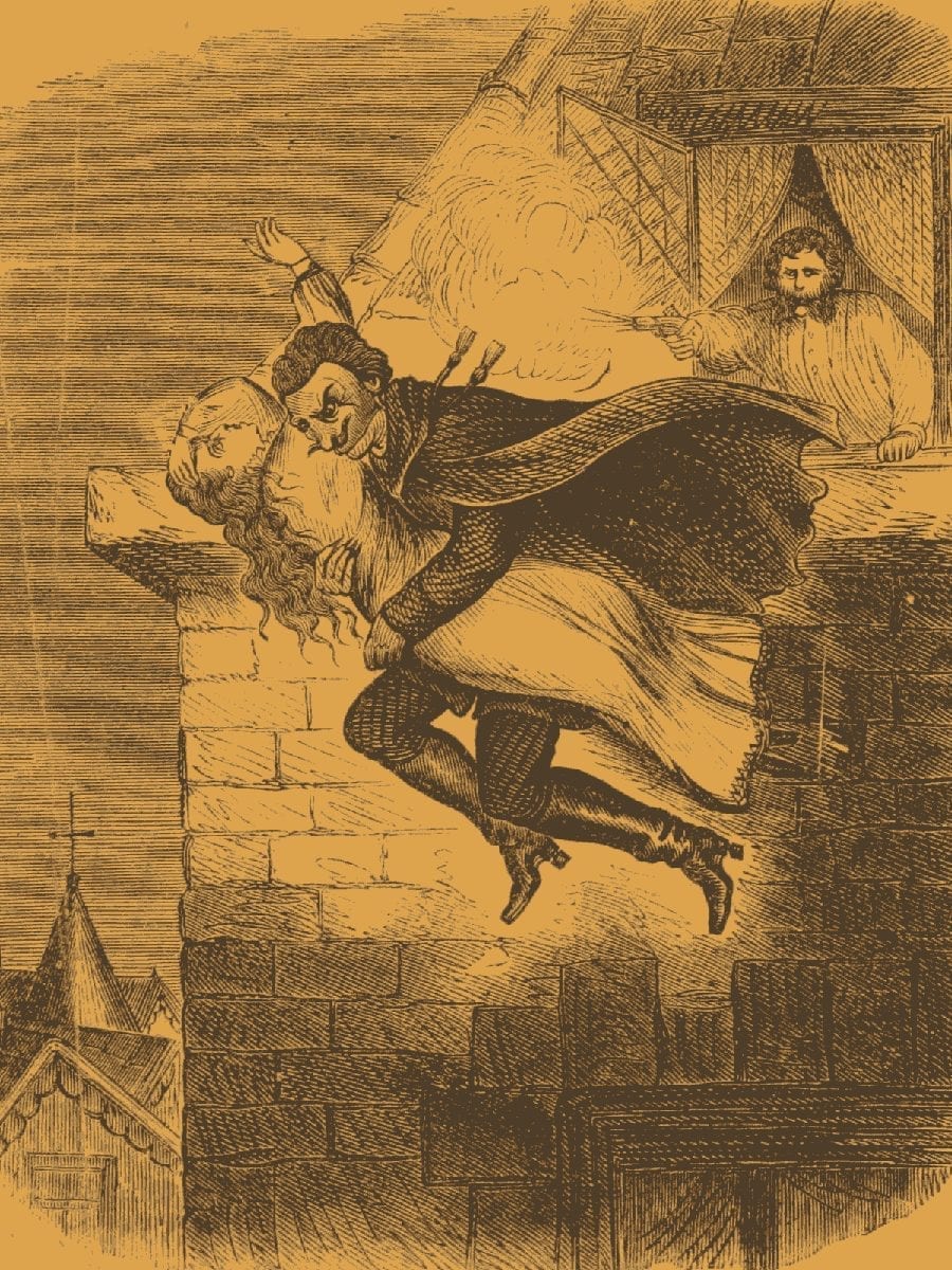 A Victorian penny-dreadful illustration of Spring-heeled Jack as a caped, clawed figure looming over a frightened woman.
