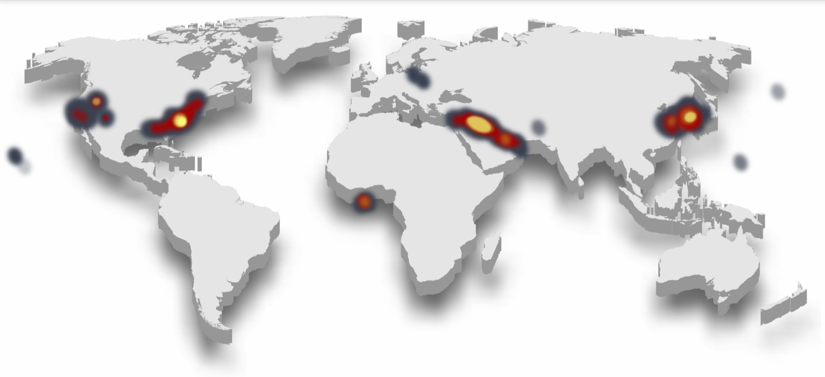 A world map produced by the Pentagon's All-domain Anomaly Resolution Office marking the regions where the most unidentified anomalous phenomena have been reported, with clusters along the U.S. East and West coasts, the Middle East, and East Asia.