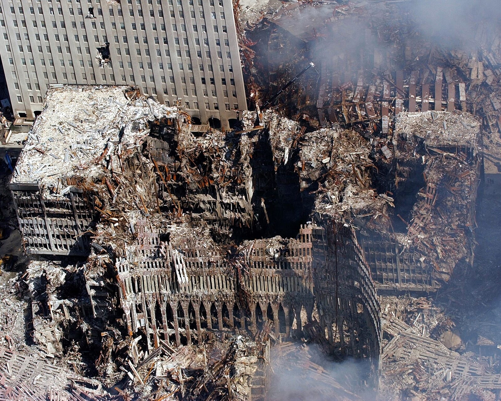A U.S. Navy aerial photograph of the collapsed World Trade Center site on 17 September 2001.
